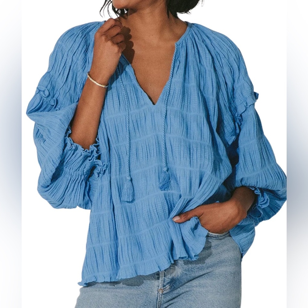 Cleobella Azariah Blouse Blue Peasant XS Long Sleeve